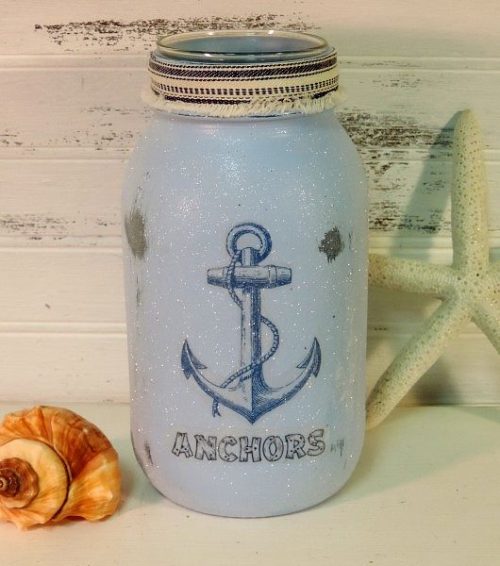 Glittered Beach Anchor Painted Mason Jar Candle Holder