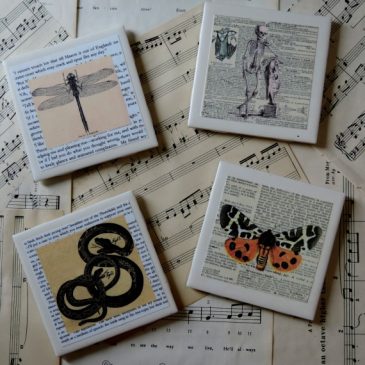 Vintage Typography Macabre Ceramic Tile Coaster Set, Halloween Coasters