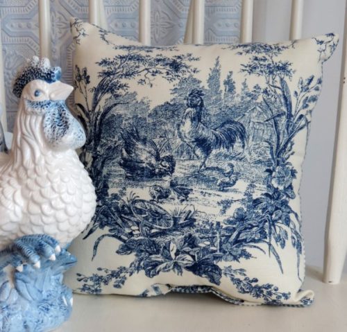 French Country Farmhouse Blue Toile Rooster Pillow