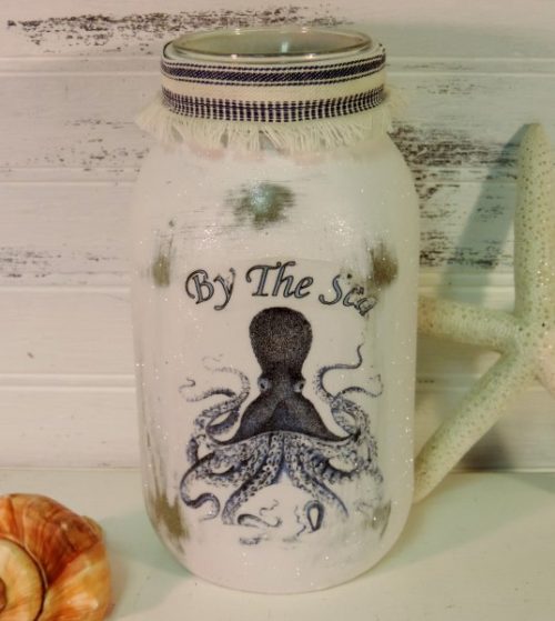 By The Sea Octopus Painted Mason Jar Candle Holder