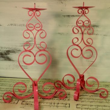 Painted Hot Pink Metal Scroll Candle Holders