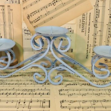 Pastel Blue Shabby Metal Triple Candle Holder Centerpiece