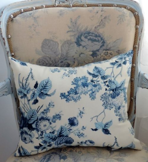 Blue and White French Country Floral Toile Throw Pillow