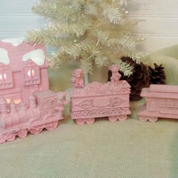 Sweet Shabby Chic Pink Christmas Cottage and Train Set