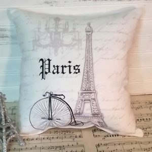 Grey French Script Paris Pillow with Bicycle Eiffel Tower