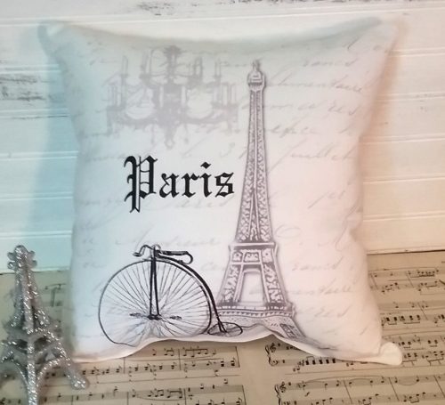 Grey French Script Paris Pillow with Bicycle Eiffel Tower