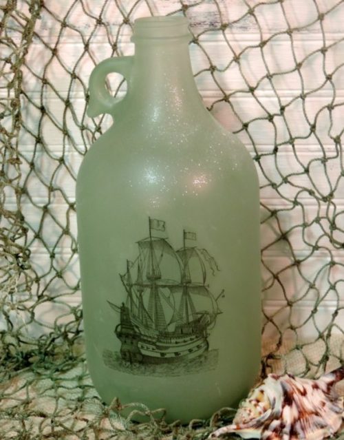 Painted Antique Ship Green Beach Glass Bottle