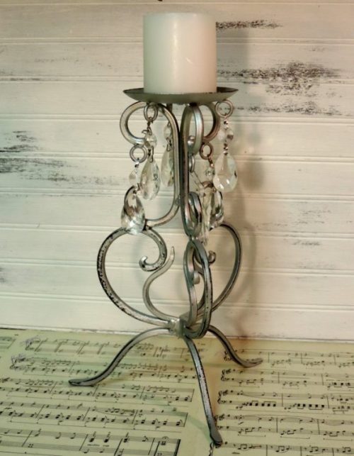 Antiqued Silver Scroll Candle Holder With Crystals