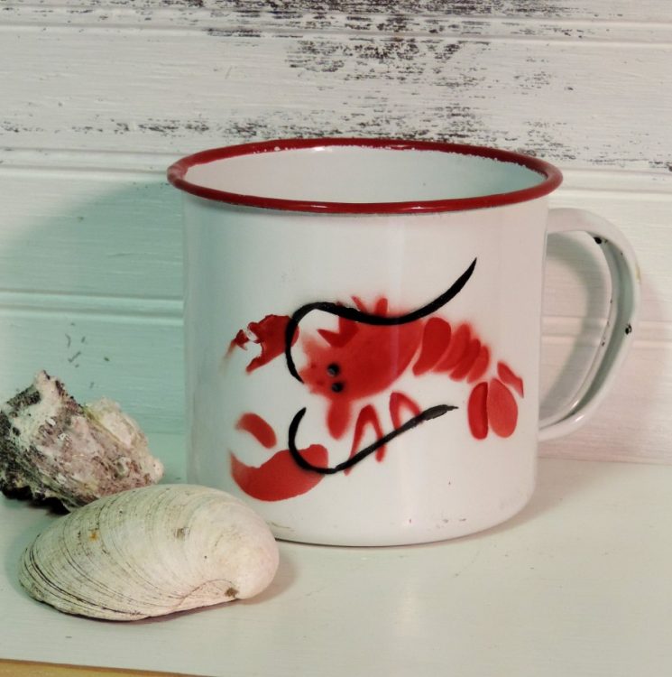 Vintage Inspired Red and White Lobster Enamel Coffee Cup