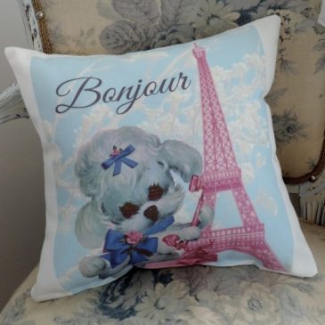 Handmade Bonjour Vintage French Poodle Pink Eiffel Tower Pillow