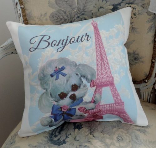 Bonjour French Poodle Eiffel Tower Pillow