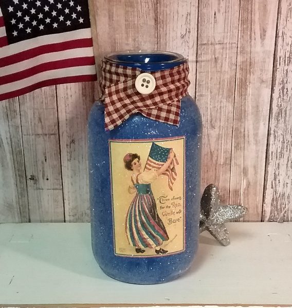 Vintage Patriotic 4th Of July Mason Jar Candle Holder Red White and Blue