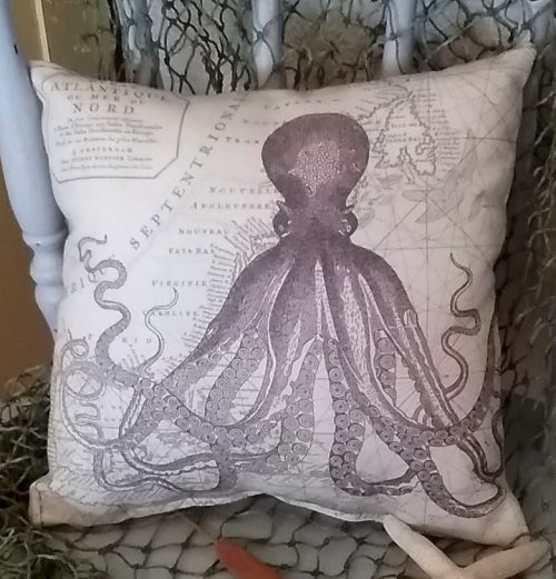 Vintage Inspired Purple Octopus Nautical Map Pillow