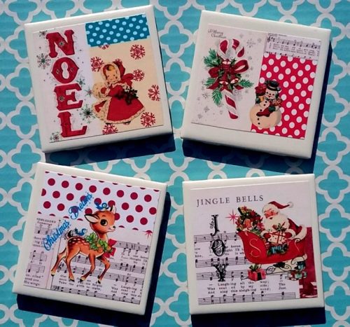 Handmade Retro Vintage Kitsch Christmas Coaster Set