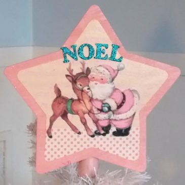 Handmade Shabby Chic Pink Santa and Reindeer Christmas Tree Topper