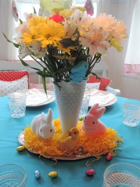 Pretty Floral Easter Centerpiece With Vintage Milk Glass