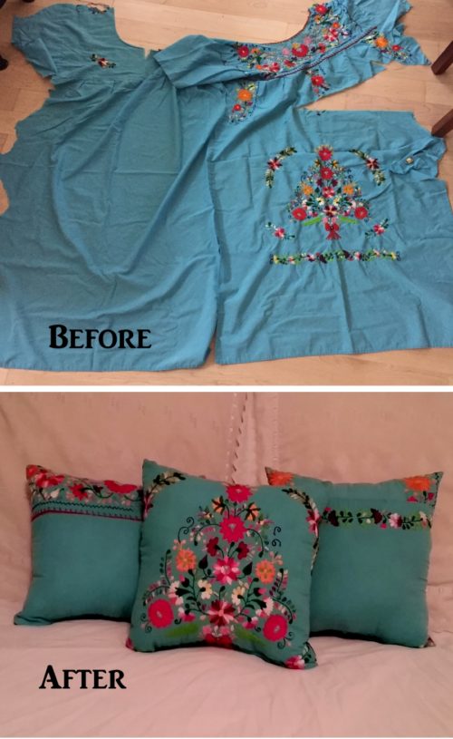 Before and After Pillow Made From Deceased Mothers Dress