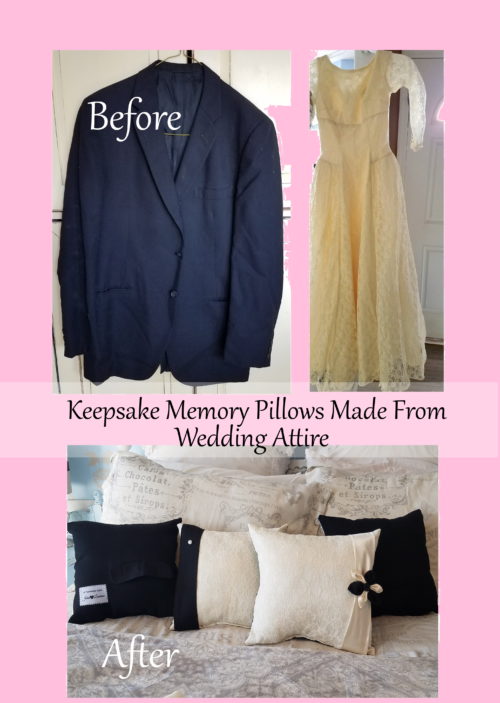 Custom Keepsake Memory Pillows Made From Wedding Gown and Suit