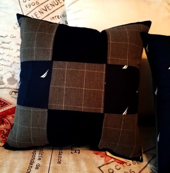 Patchwork memory pillow made from pajama bottoms
