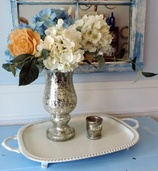 Shabby Chic White Painted Silver Tray, Distressed Shabby Chic Wedding Decor