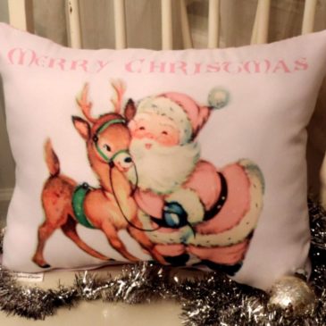 Handmade Retro Style Pink Santa and Reindeer Merry Christmas Pillow