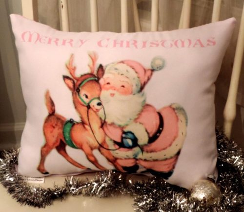 Retro Pink Santa and Reindeer Merry Christmas Pillow