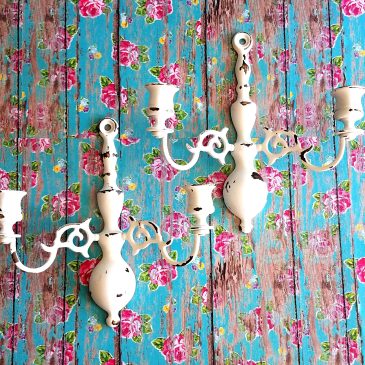 White Shabby Chic Distressed Vintage Painted Brass Candle Sconces