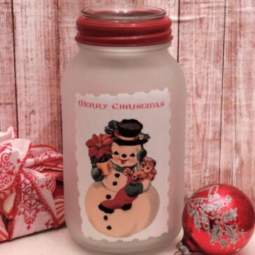 Hand Crafted Retro Snowman Mason Jar Christmas Candle Holder