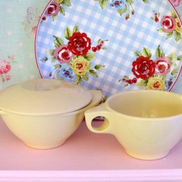 Vintage Yellow Boontonware Creamer and Sugar Bowl Three Piece Set