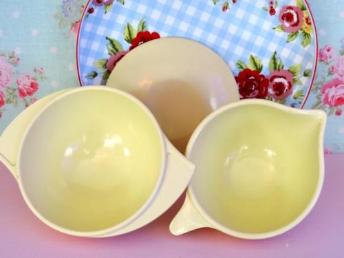 Vintage Yellow Boontonware Creamer and Sugar Bowl Three Piece Set For The Kitchen