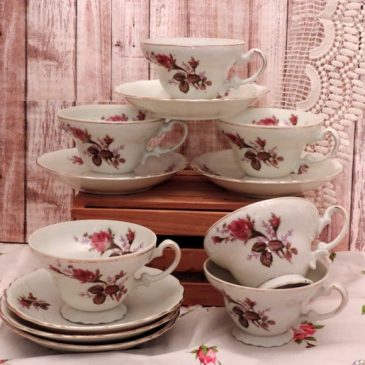 Vintage Fancy Footed Moss Rose Teacups and Saucer China Tea Set