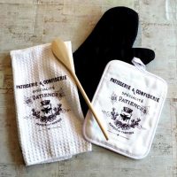 French Label Kitchen Towel and Pot Holder Gift Set, Patisserie and Confiserie, Housewarming or Bridal Shower Gift