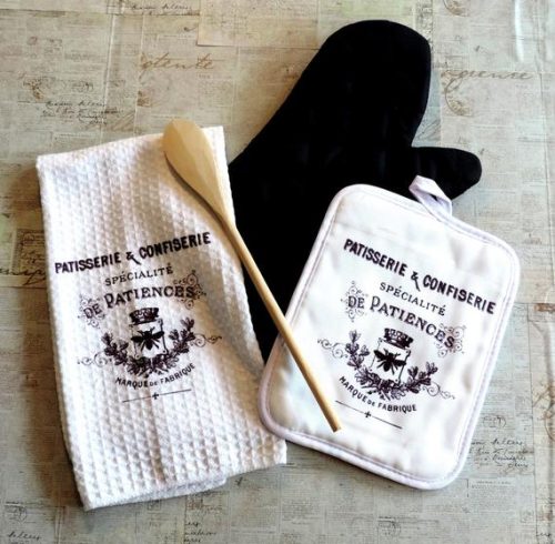 French Label Kitchen Towel and Pot Holder Gift Set, Patisserie and Confiserie, Housewarming or Bridal Shower Gift