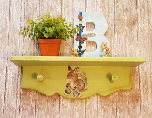 Handmade Green Vintage Inspired Bunny Rabbit Shelf with Pegs Shabby Chic Home Decor