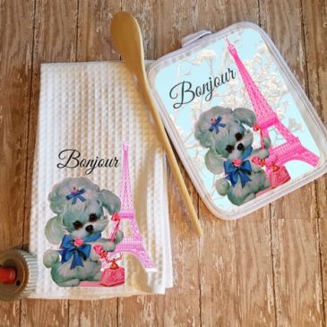 Kitsch French Poodle Eiffel Tower Kitchen Dish Towel & Pot Holder