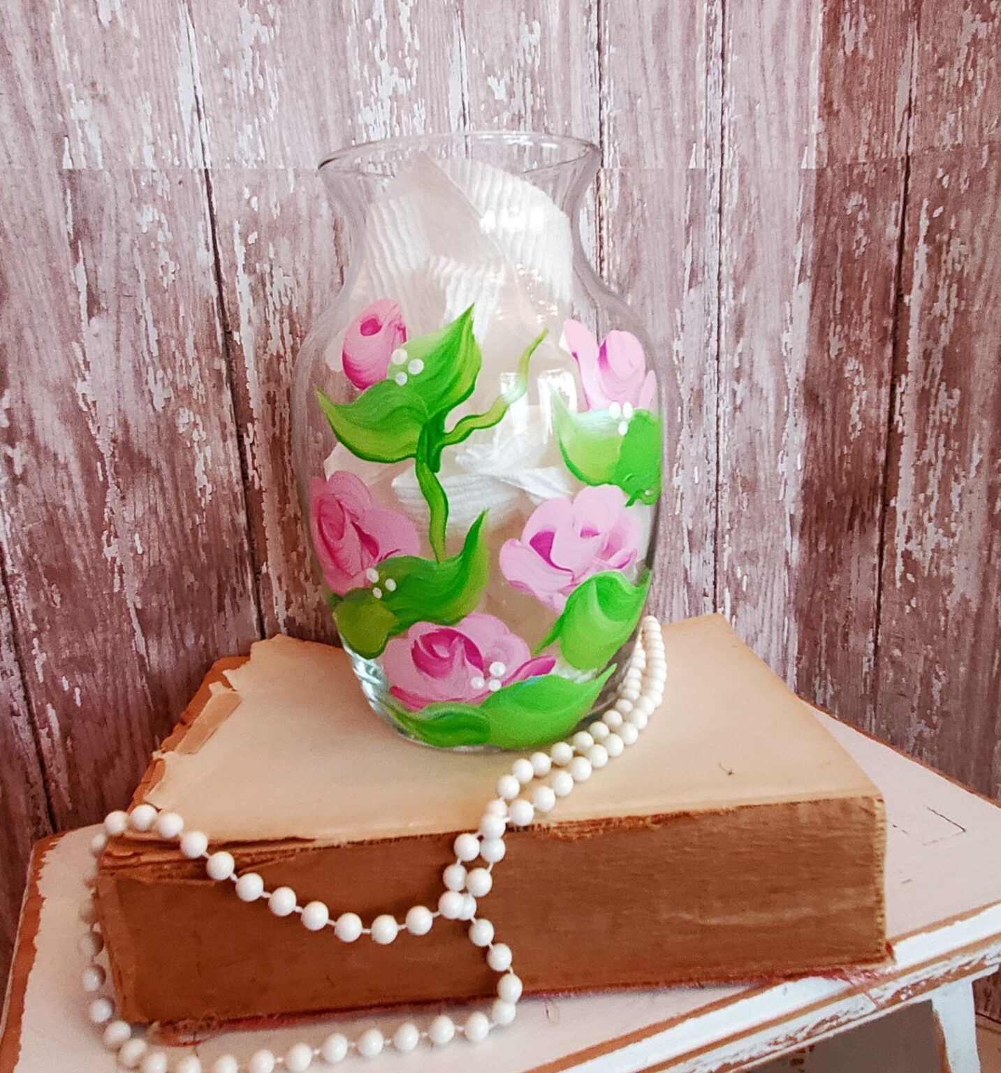Custom Painted Shabby Chic Pink Rose Glass Flower Vase