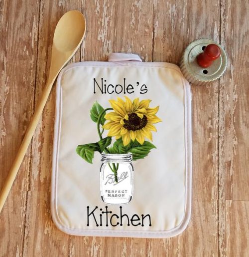 Personalized Country Sunflower in Mason Jar Kitchen Towel Dish Cloth and Pot Holder Gift Set, Housewarming or Bridal Shower Gift
