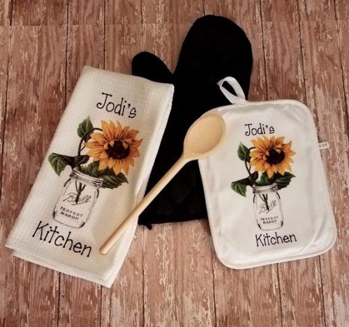 ersonalized Country Sunflower in Mason Jar Kitchen Towel Dish Cloth and Pot Holder Gift Set, Housewarming or Bridal Shower Gift