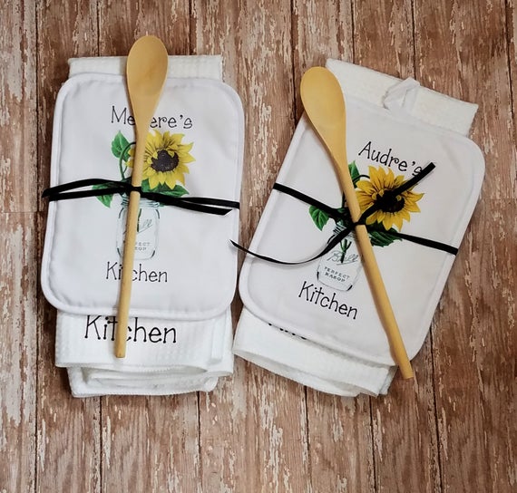 Personalized Sunfower in Mason Jar Kitchen Towel and Potholder Gift Set