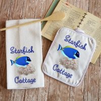 Personalized Tropical Fish and Coral Beach House Kitchen Dish Towel and Pot Holder Gift Set, Nautical Housewarming or Bridal Shower Gift