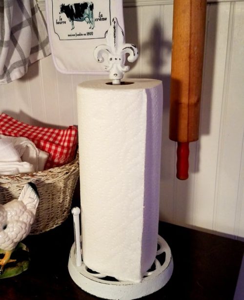 Distressed White French Farmhouse Fleur de Lis Paper Towel Holder For The Kitchen