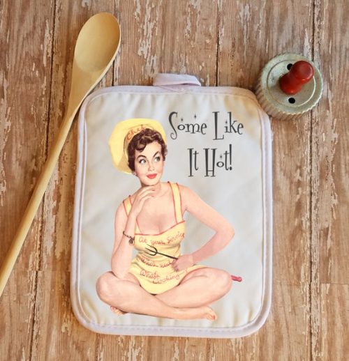 Retro Kitsch Some Like It Hot Kitchen Dish Towel and Potholder Set with Vintage Pinup Girl Image, Retro Kitchen Decor, Housewarming Gift
