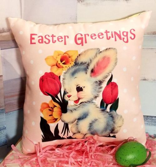 Pink Retro Kitsch Easter Pillow Made From Vintage Greeting Card Image of Easter Bunny, Tulips & Daffodils, Cute Easter Decor or Gift