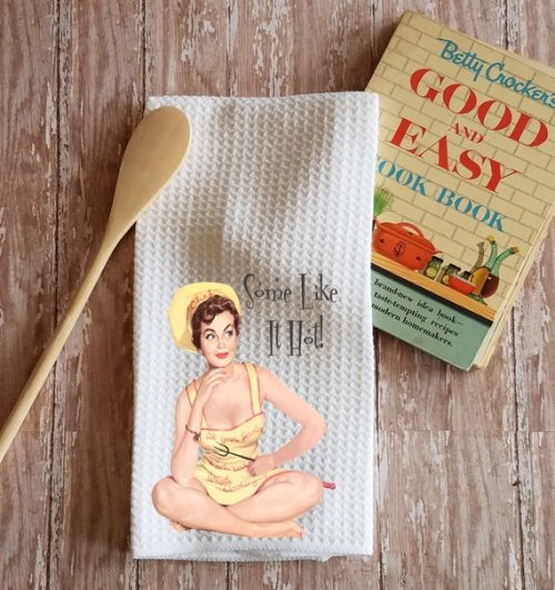 Retro Kitsch Some Like It Hot Kitchen Dish Towel with Vintage Pinup Girl Image, Retro Kitchen Decor, Housewarming Gift