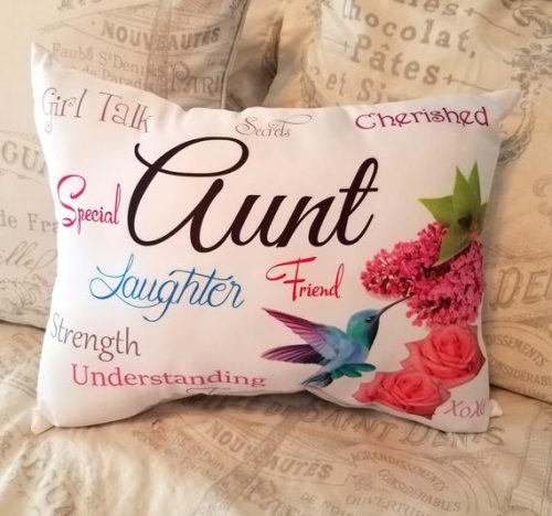 Handmade Inspirational Aunt Gift Pillow with Rose, Butterfly and Hydrangea Custom Pretty Pillows