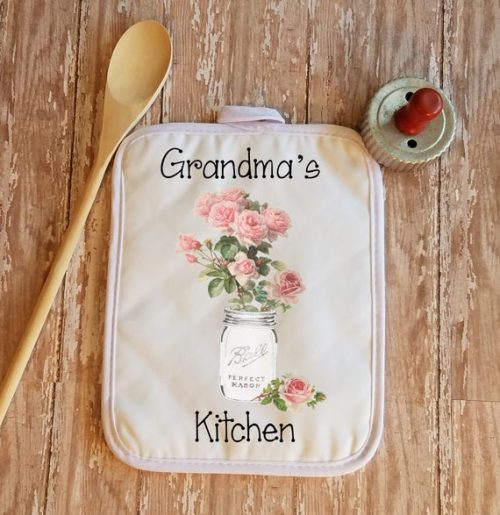 Personalized Pink Roses in Mason Jar Kitchen Towel Pot Holder