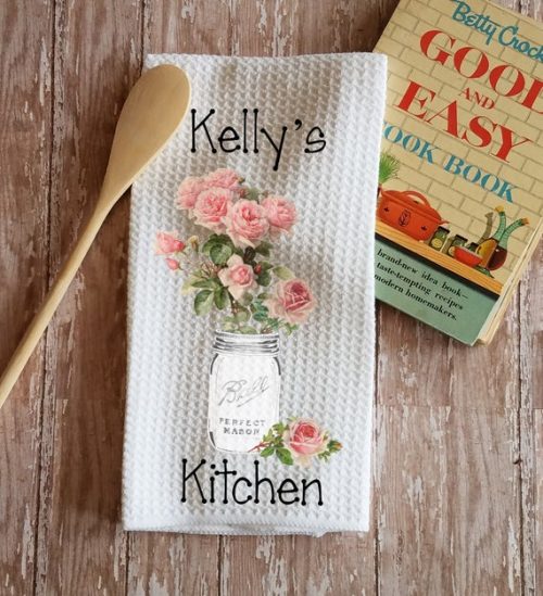 Personalized Pink Roses in Mason Jar Kitchen Towel Dish Cloth