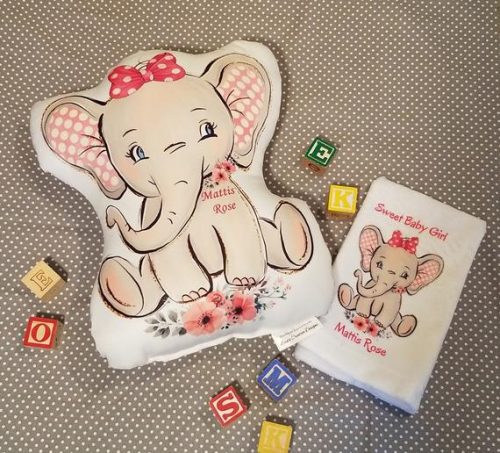 Sweet Personalized Baby Girl Elephant Gift Pillow and Burpcloth, Baby Shower or New Baby Gift, Vintage Inspired Elephant Nursery Decor