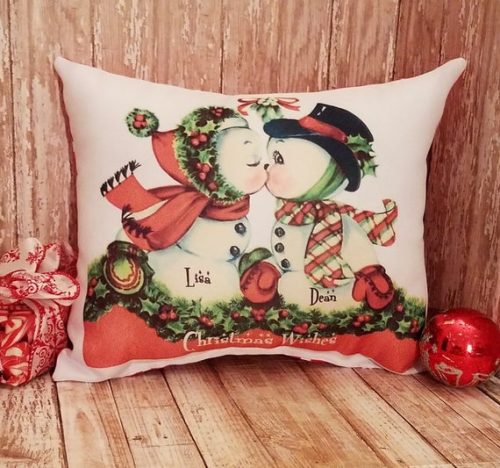 Handmade Personalized Kissing Snowman Couple Gift Pillow Custom Made and Personalized Goods