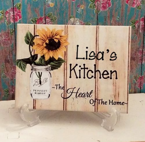 Personalized Country Sunflower In Mason Jar Ceramic Tile Kitchen Sign Plaque